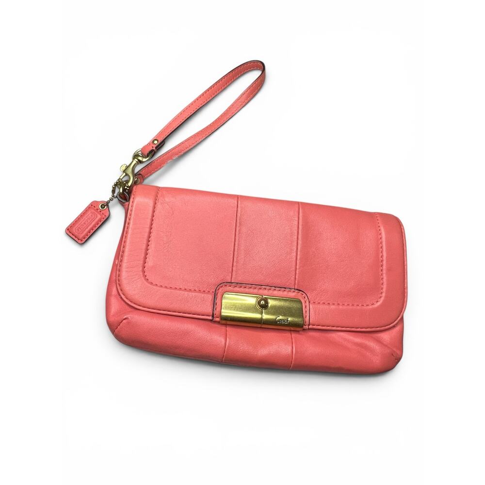 COACH Kristin Coral Pink Soft Leather Flap Wristlet Clutch Wallet EUC